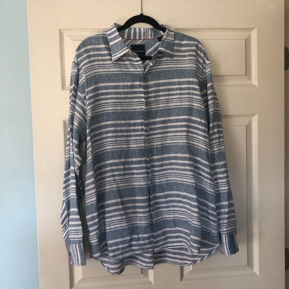 Men’s XL Tommy Bahama 100% Linen Striped Button Up Long Sleeve Shirt